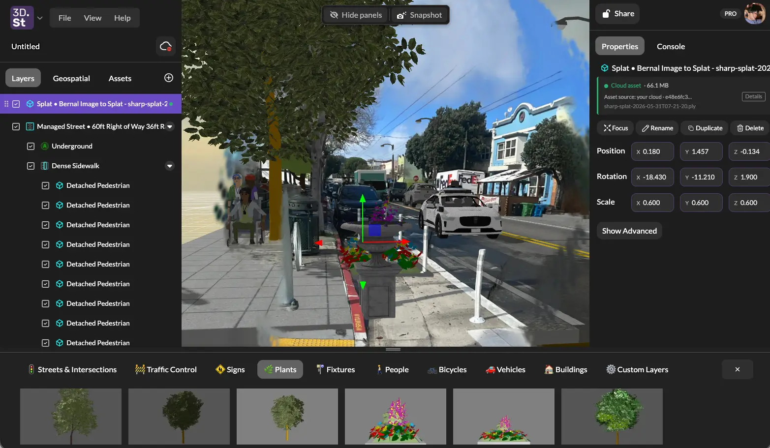 A 3D Gaussian splat of a Bernal Heights parklet placed in a 3DStreet scene alongside a procedurally generated managed street, sidewalk, pedestrians, and planters